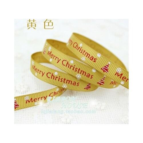 3/8'' (10mm) Golden Yellow printed grosgrain ribbon Merry Christmas satin ribbons Decorative Gift Packing Crafts 2 Meters/lot