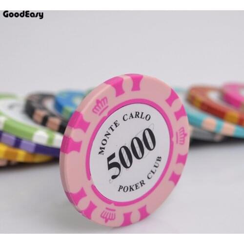 5PCS/SET Multi-colors 14g Casino Baccarat Crown Monte Carlo Design Clay Poker Chip Inner Metal with Trim Sticker