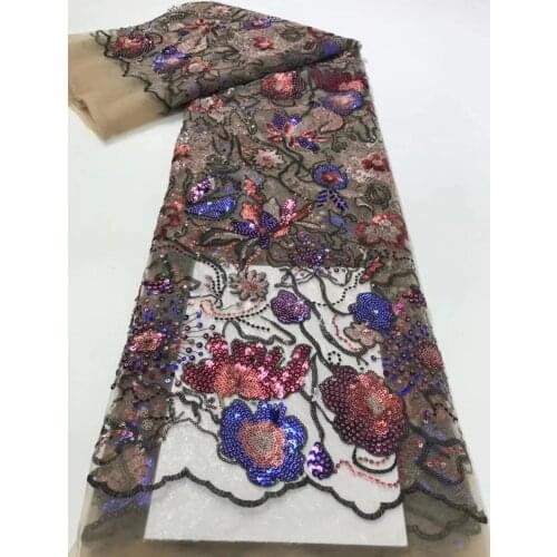 Free shipping (5yards/pc) High quality African net lace fabric newest multicolored sequins French lace for party dress FCC159
