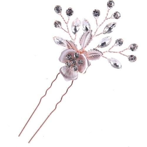 Rhienestone Flower Hair Pins Silver/Rose Gold Color Wedding Hair Jewelry Accessories Leaf Style Head Ornament For Bride