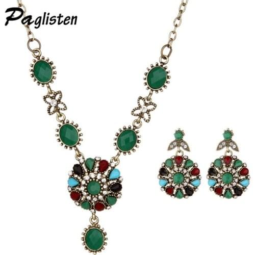 Hot Crystal Flower Wedding Necklace/ Earrings Bohemia Ancient Gold Color Oval Jewelry Sets Engagement Party Gift of love