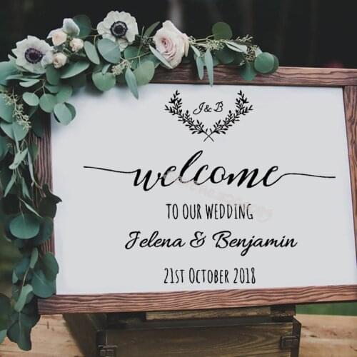 Custom Welcome To Our Wedding Sticker Bride and Groom Names Wedding Date customized board laurel Reception Sign Art Decal SE008