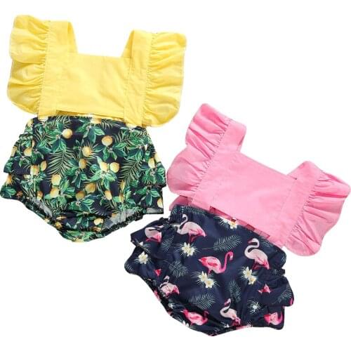 Baby Girl Summer Clothing Suits Short Flare Sleeve Romper Lemon Flamingo Print Square Collar Jumpsuit