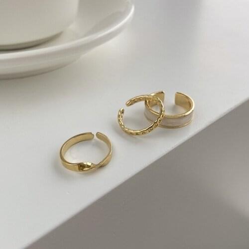 Minar Delicate 3 PCS/Set Enamel Hollow Link Rings Set for Women Mujer Gold Color Alloy Wide Chunky Ring Sets Statement Jewelry