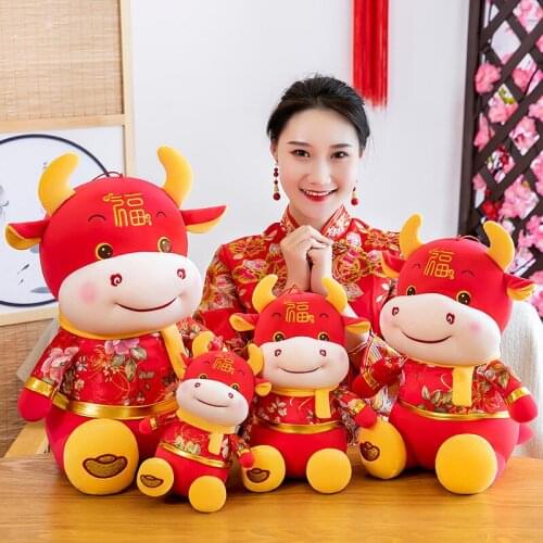New cute hot plush Mascot cow doll sitting Chinese costume Pillow Soothing doll soft good quality red birthday Christmas Gift