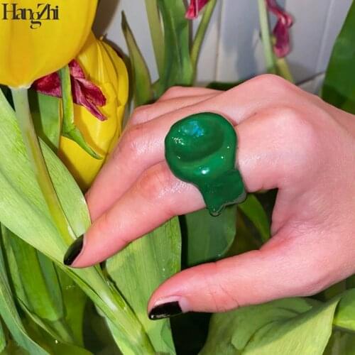 HangZhi 2021 New Vintage Green White Drip Oil Glazed Chic Ring Irregular Round Geometric Hyperbole Couple Ring Women Men Jewelry