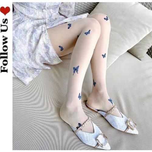 Sexy Pantyhose Women 2021 Summer Blue Butterfly Print Stockings Thin Milk White trousers Jacquard Bottoming Lolita Stockings