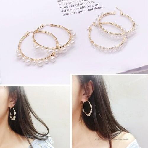 Gold-plated earrings European and American style hanging pearl rhinestones gorgeous big round DIY earrings material earrings