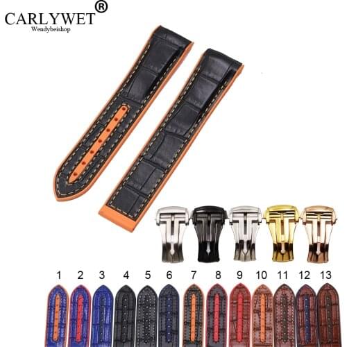 CARLYWET 20 22mm Black Orange Rubber Watchbands With Leather Replacement Watch Band For Omega Planet Ocean 45 42mm With Clasp