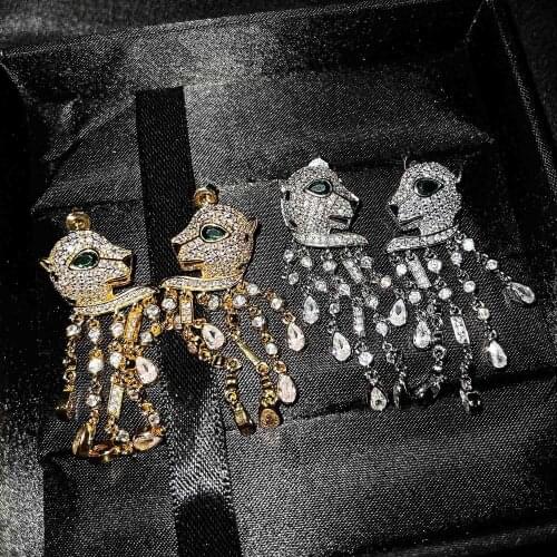 QTT Luxury Dangle Earrings Gold/Silver Color Punk Earrings Crystal Leopard Head Stud Earrings For Women Anniversary Gift