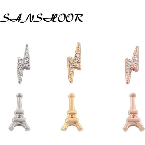 SANSHOOR Eiffel Tower Slide Charms Lightning Bolt Keys Fit Leather Wrap Bracelets Keeper Pendant Necklace As Women Gifts 6Pcs