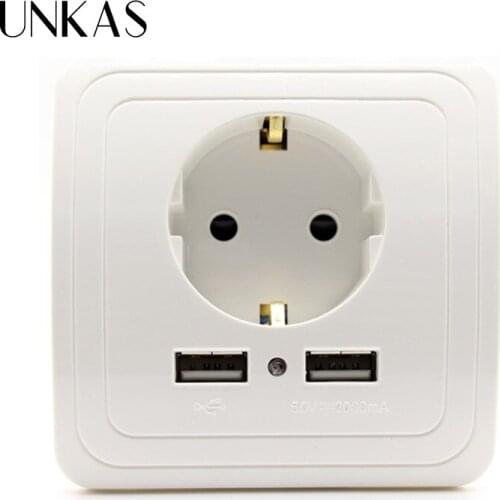 UNKAS EU Plug Usb Socket Power Outlet Panel EU Standard 16A 250V Dual USB Port 1500mA/2000mA Wall Charger Adapter