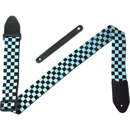 Blue Cotton Check Leather Head Guitar Strap 2" Wide + Leather Guitar Head Stock Strap