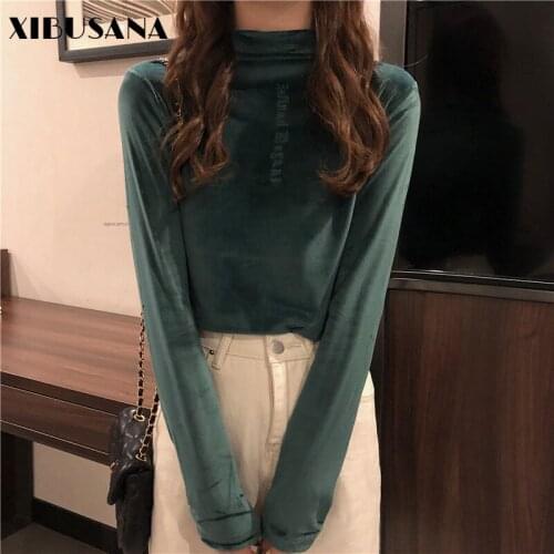 XIBUSANA Long Sleeve Casual Pleuche Shirts Women T-shirt Tops 2021 Spring Autumn Female Vintage Elastic Turtleneck Bottom Shirt