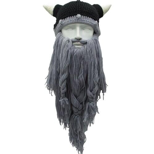 Funny Men Vikings Beanies Knit Hats Beard Ox Horn Handmade Knitted Winter Hats for Women Warm Caps Gift Party Mask Cosplay Cap