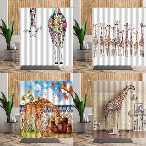 Giraffe Shower Curtain Hand Drawn African Wildlife Animals Pattern Waterproof Bath Screen Douchegordijn Bathroom Curtains Decors