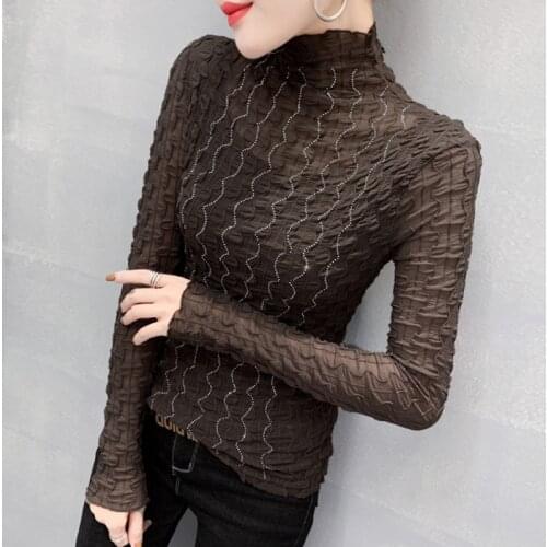 Women T-shirt Long-Sleeve 2021 New Arrival Spring And Autumn Fashion Sexy Slim Diamond Net Yarn Female T-shirt Korean Style c53