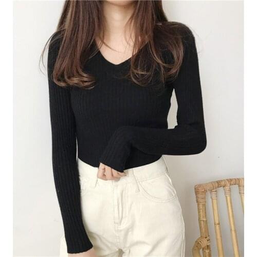 Autumn Winter Women Sweaters 2020 Slim Pullovers Knitted Lady Basic Sweater Casual Solid V-neck Long Sleeve Ribbed Women Sweater