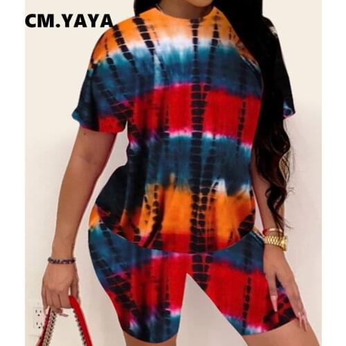 CM.YAYA Women Summer Tie Dye Gradient Shorts Set Fashion Basic Two Piece Set Outfits Sport Active Tracksuit Sweatsuit