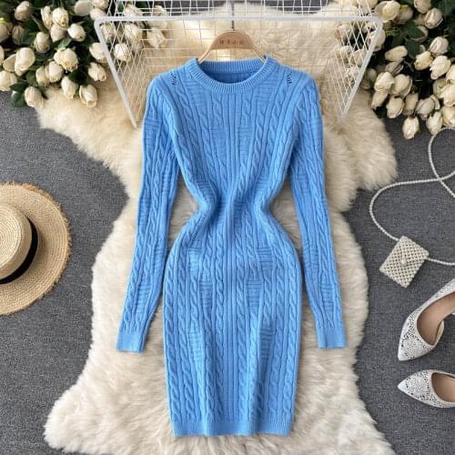 SINGREINY Women Design Knitted Dress Long Sleeve O Neck Elastic Slim Sheath Dresses Autumn Winter Korean Bodycon Sweater Dress