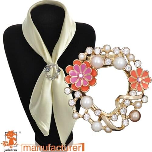 2018 Color Enamel Flower pearl silk scarf buckle dual wedding rhinestone wreath brooch fashion pin female