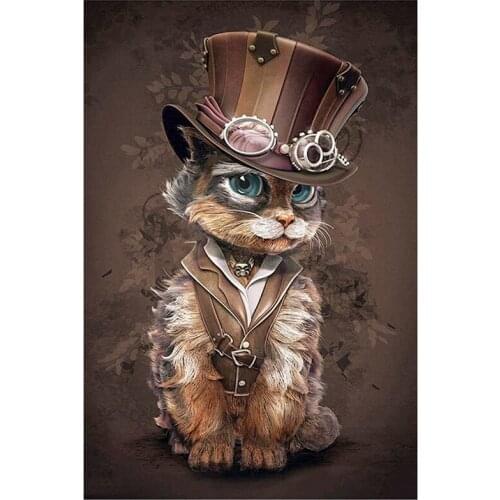 5D DIY Full Round Diamond Painting "Cat Wearing A Hat " Cross Stitch 3D Embroidery Rhinestone Mosaic Home Decor Gift Y370