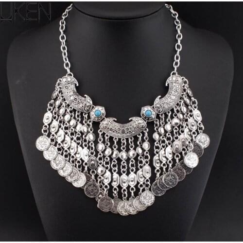 UKEN Bohemia Vintage Craving Flower Coin Statement Necklace Long Pendants Fashion Necklaces For Women Dress Hot Accessories