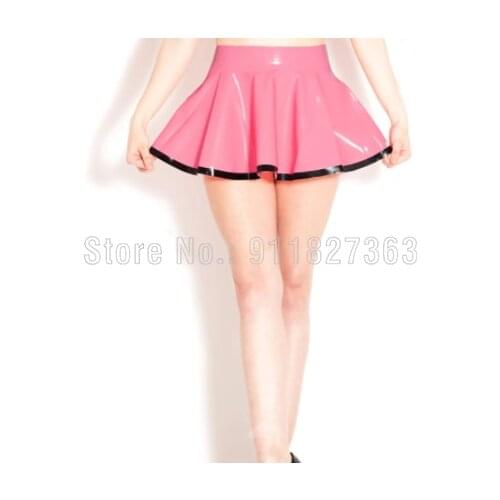 100% Natural Latex Mini Skirt Baby Pink w Black Trim Sexy Latex skirt Rubber skater Play suit Bodysuit Customized