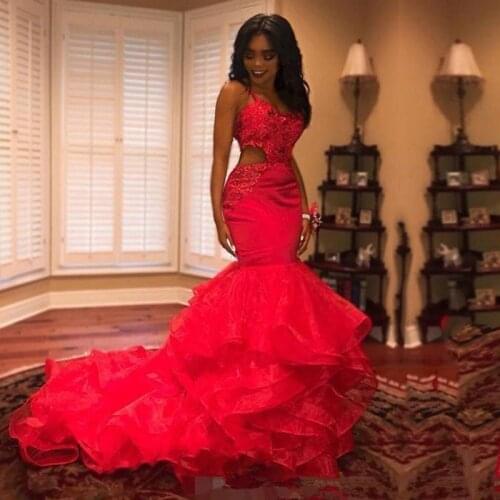 Red Mermaid Prom Dresses 2020 Spaghetti Strap Sweetheart Appliques Sexy Cut Out Ruffles Red Evening Gowns Party Evening