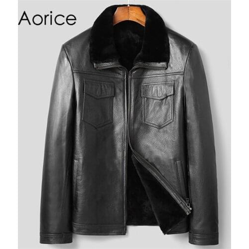 Aorice Men Genuine Sheep Skin Leather Jacket Wool Fur Liner Coat Male Brand New Winter Fur Parka Jackets Coats MT118