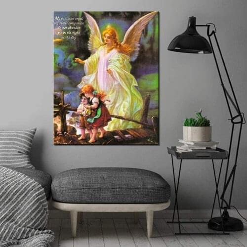Wall Decor Guardian Angel with Children On Bridge Religious and Spirtiual Art Print Canvas Poster For Living Room Framework Artw