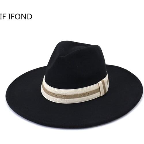 New Fedora Hats Women Men Big Brim 9.5cm Winter Wool Felted Hats White Black Panama Church Wedding Hats