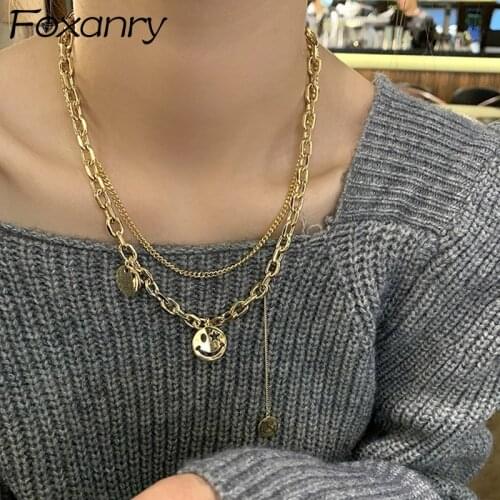 Foxanry 925 Sterling Silver Sweater Necklace New Fashion Smiley Face Pendant Double-layered Clavicle Chain Party Jewelry Gifts