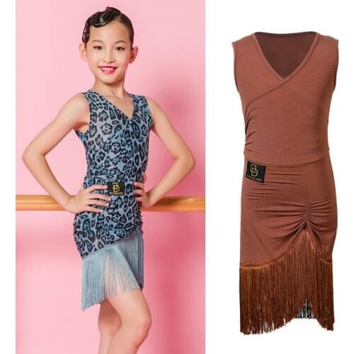 Girls Latin Dance Dress Leopard Dance Costume Professional Competition Fringe Dress Tango Tap Dance Tassel Latino Skirt BL4733