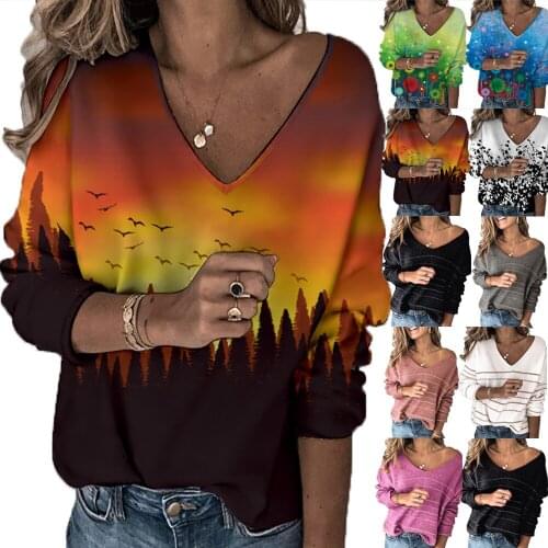 Casual Printing Women T-Shirt Autumn Loose Long-Sleeve V-Neck Women Clothes Tee Spring Fashion Streetwear Elegant Shirt Tops