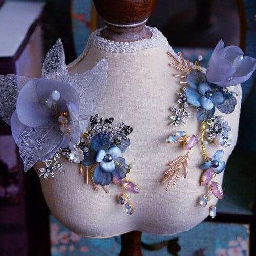 Luxury Handmade Baroque Blue Brides Flower Barrettes Bridal Hairbands Wedding Hair Accessory Rhinestone Hair Jewelry Headpiece