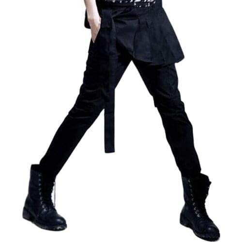 Men personality patchwork fake two piece punk hip hop harem pants korean style men nightclub DJ stage joggers gothic trousers