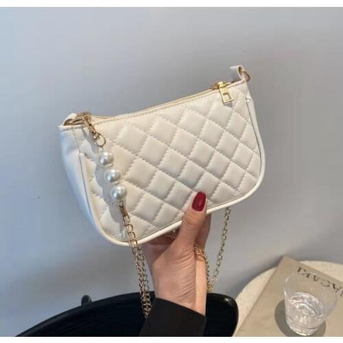 Plaid Baguette Shoulder Bags For Women Pearl Chain Solid Color Retro Quilted 2021 Autumn New Designer All-Match Cross-Body Bags