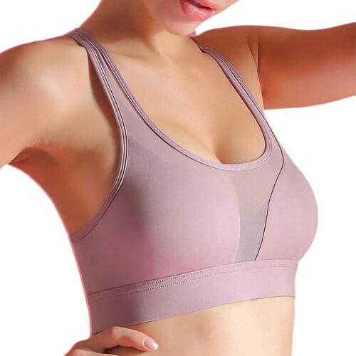 Women Absorb Sweat Mesh Splicing Athletic Bra Gym Fitness Sports Underwear Soft Paded High Elastic Back Pocket Horizontal