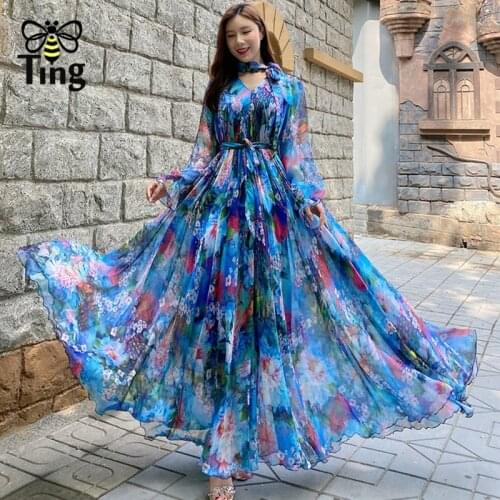 Tingfly Designer Floral Print Maxi Long Women Dress Chiffon Silky High Quality Loose Fit Lady Bohemian Holiday Dress Vestidos