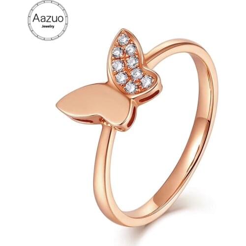 Aazuo 18K Rose Gold Real Diamonds 0.06ct IJ Si1 Micro Paved Butterfly Ring for Woman Charm Jewelry Gift Real Gold Au750
