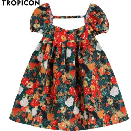 TROPICON Oil Painting Puff Sleeve Floral Print Mini Dress Women Backless Ball Gown Short Sleeve Cute Dress Summer 2021 Clothing