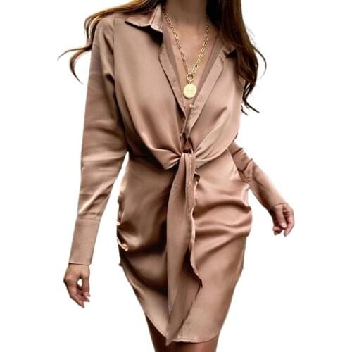 Summer Autumn Casual Turn-down Collar Shirt Dress Long Sleeve Solid Color Front Knot Single-breasted Women Mini Dress Streetwear