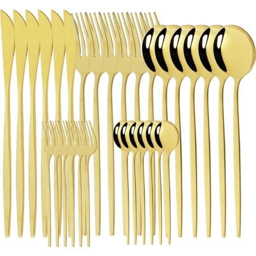30pcs Nwe Gold Dinnerware Cutlery Set Fork Spoon Knife Salad Cake Fork Tableware Set Stainless Steel Flatware Kitchen Set