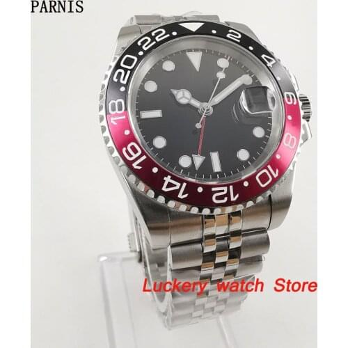 40mm Parnis Black and red Bezel black dial red GMT luminous marks sapphire glass automatic Mens Watch-PA72