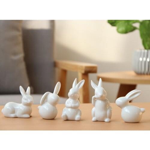 5pcs/set Lovely Mini cute white ceramic rabbit statue home decor Figurines Micro Landscape miniature statue Creative gift