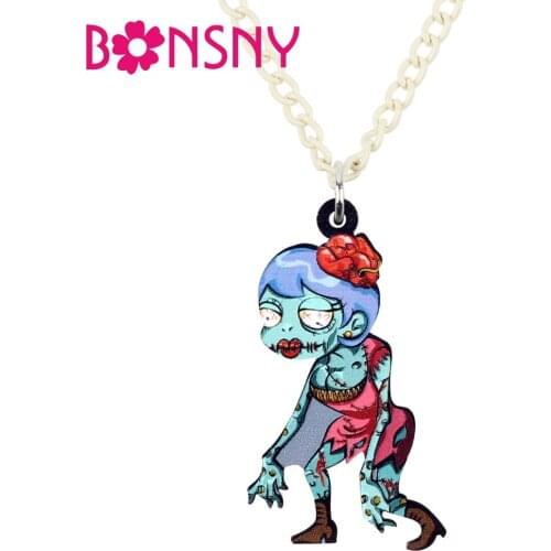 Bonsny Acrylic Halloween Walking Female Zombie Necklace Pendant Chain Choker Anime Punk Jewelry For Women Girls Teens Wholesale