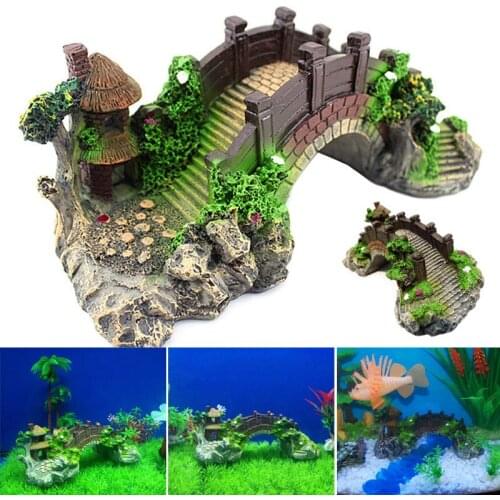 Aquarium Fish Tank Vintage Decorative Bridge Landscape Ornaments Pavilion Tree Plants Resin Design Pet Supplies Home Decorations