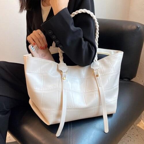 Beige Big Casual Tote Bags Luxury Women Stone Pattern Shopper Bag Designer Pu Leather Handbag Female Braided Strap Shoulder Bag