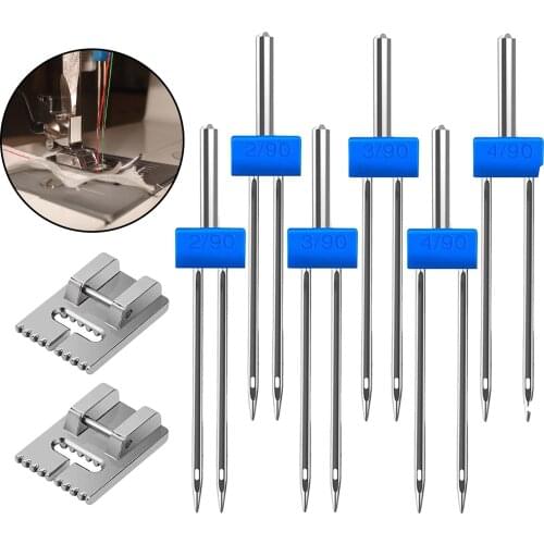 Household Multifunctional Sewing Machine 6pcs Twin Needle with 2x 9 Groove Pintuck Presser Foot 3 Sizes 2/90 3/90 4/90